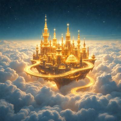 The primary subject of the image is a large, intricate castle made of gold and jewels, floating in the sky. The setting is a cloudy, blue sky, and the visual style is a digital art or illustration. The colors and mood of the image are vibrant and whimsical, with the gold and jewels giving the castle a luxurious and magical appearance.
